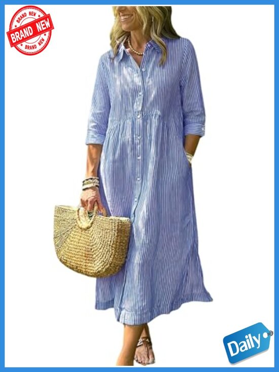 Dresses & Skirts - Women's Boho Striped Shirt Dress 3/4 Sleeve Button Up Side Slit Loose Cotton